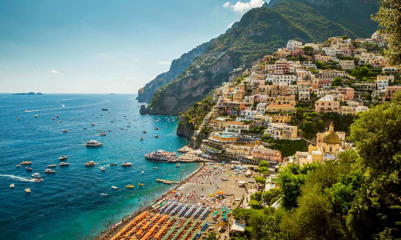 View of Positano town with beach, sea and mountains, Amalfi Coast