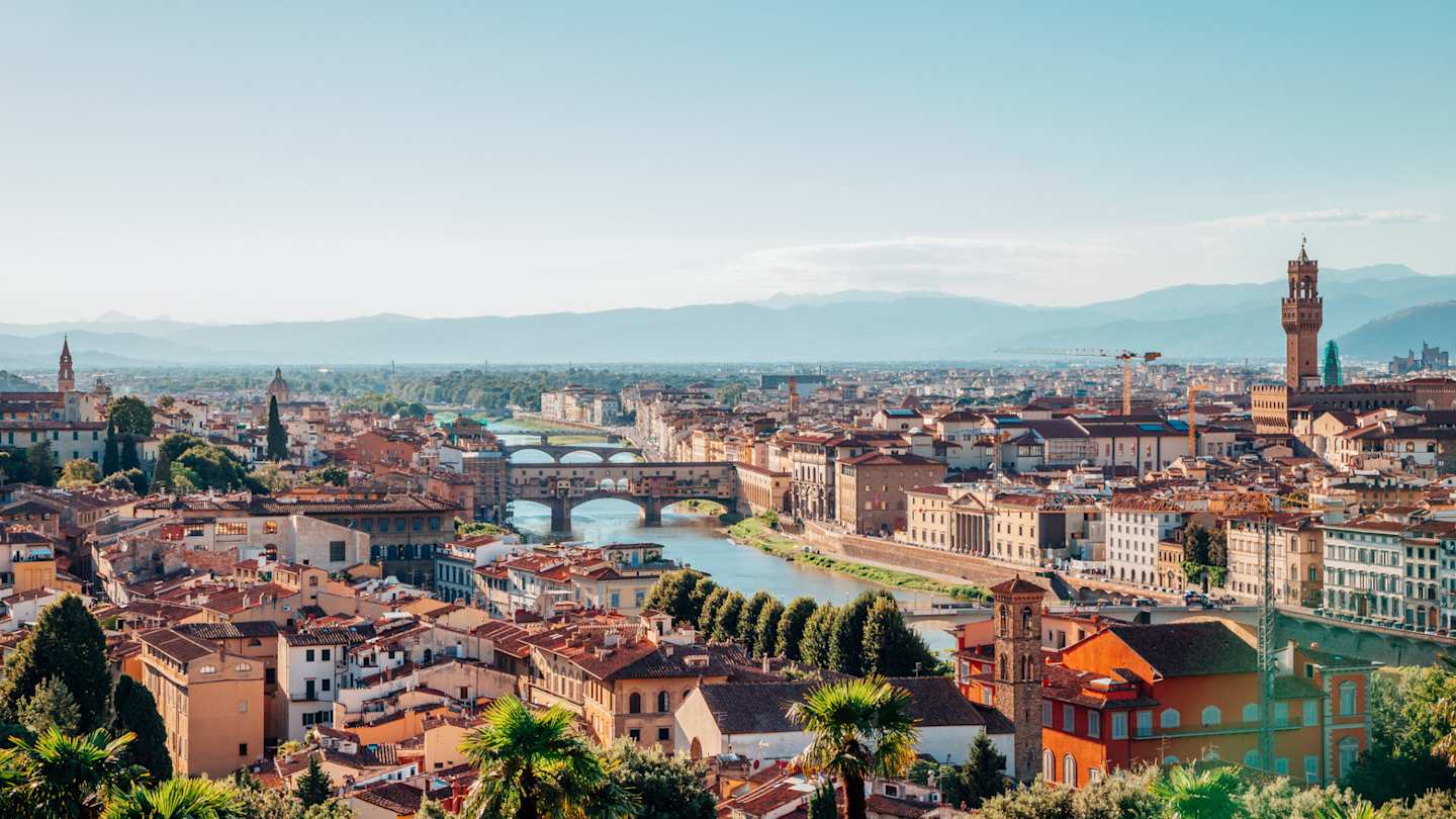View of the cityspace, including the Ponte Vecchio and Arno River, as seen from Piazzale Michelangelo, Florence