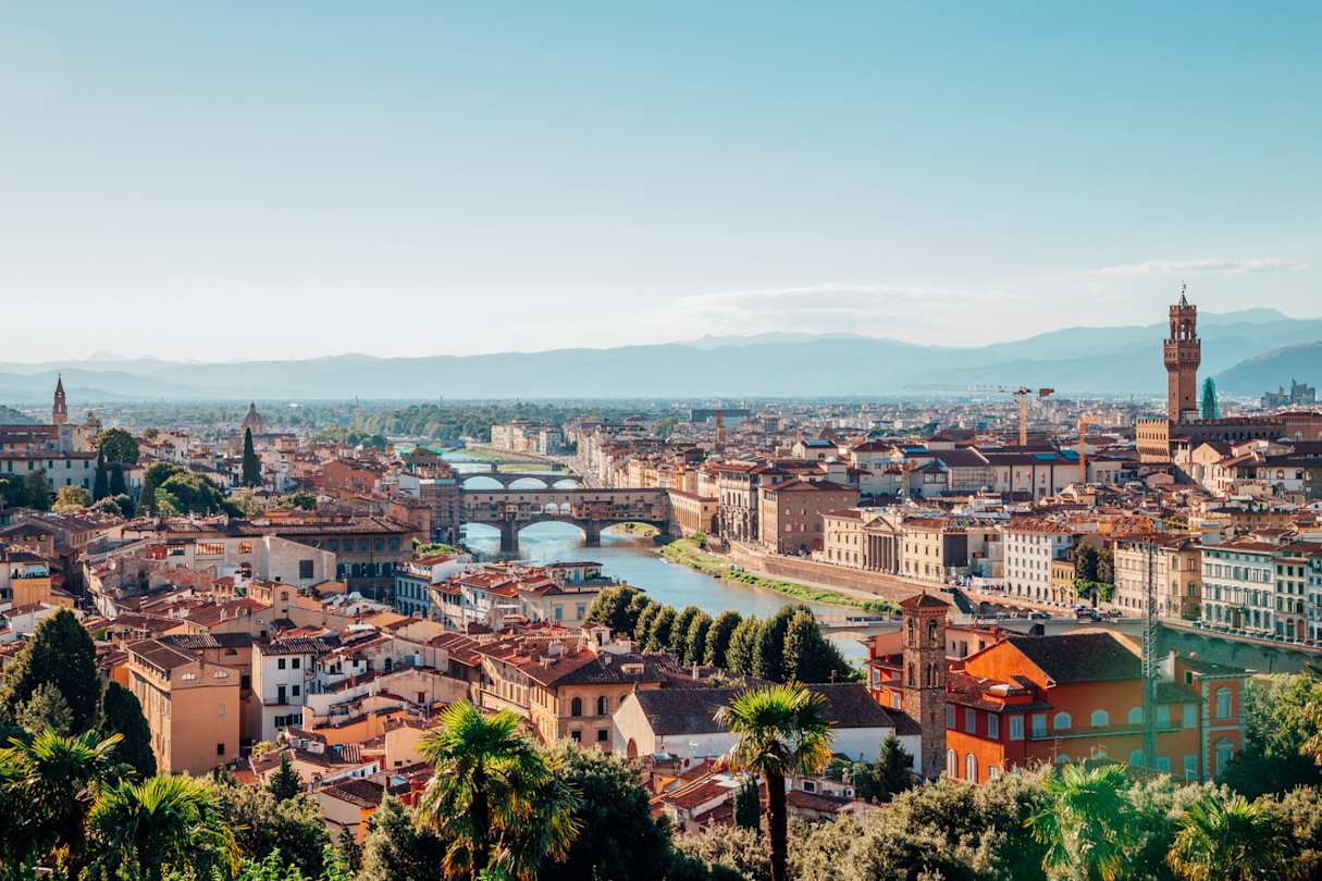 View of the cityspace, including the Ponte Vecchio and Arno River, as seen from Piazzale Michelangelo, Florence