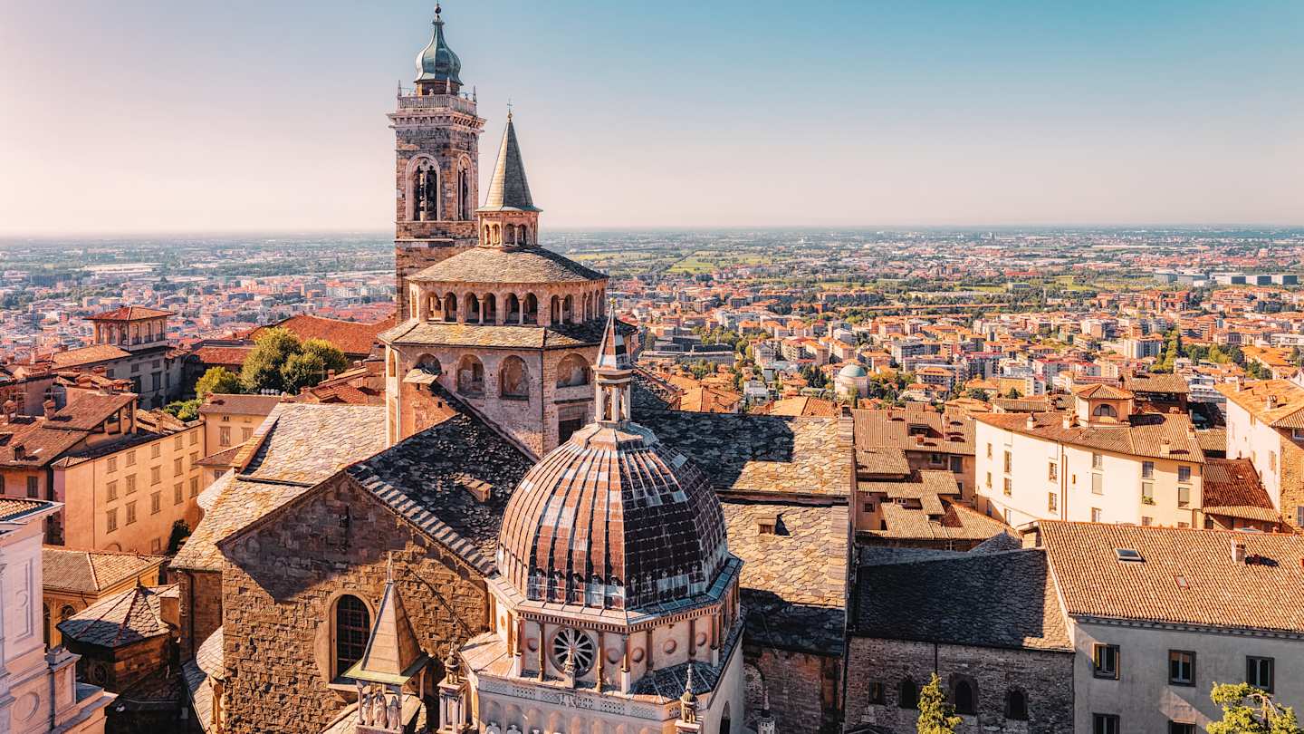 Cityscape of Bergamo, with Basilica of Santa Maria Maggiore in Citta Alta, a day trip from Lake Como