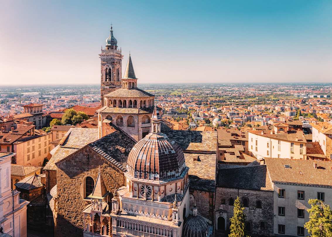 Cityscape of Bergamo, with Basilica of Santa Maria Maggiore in Citta Alta, a day trip from Lake Como