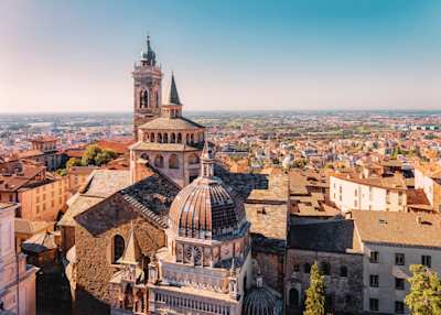 Cityscape of Bergamo, with Basilica of Santa Maria Maggiore in Citta Alta, a day trip from Lake Como