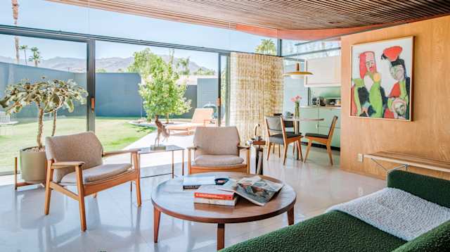The mid-century modern interiors at Desert Wave, Plum Guide home in Palm Desert