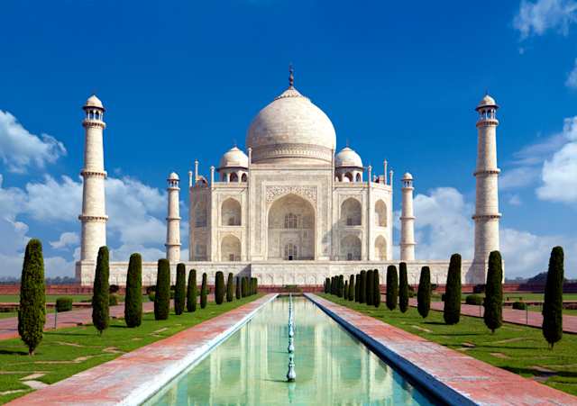 A view of the Taj Mahal and its manicured grounds, Agra, India