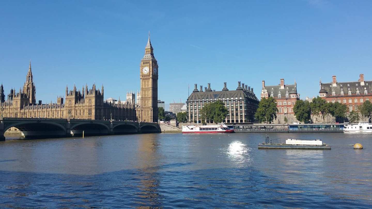 A view of Westminster and Big Ben from across the River Thames, London