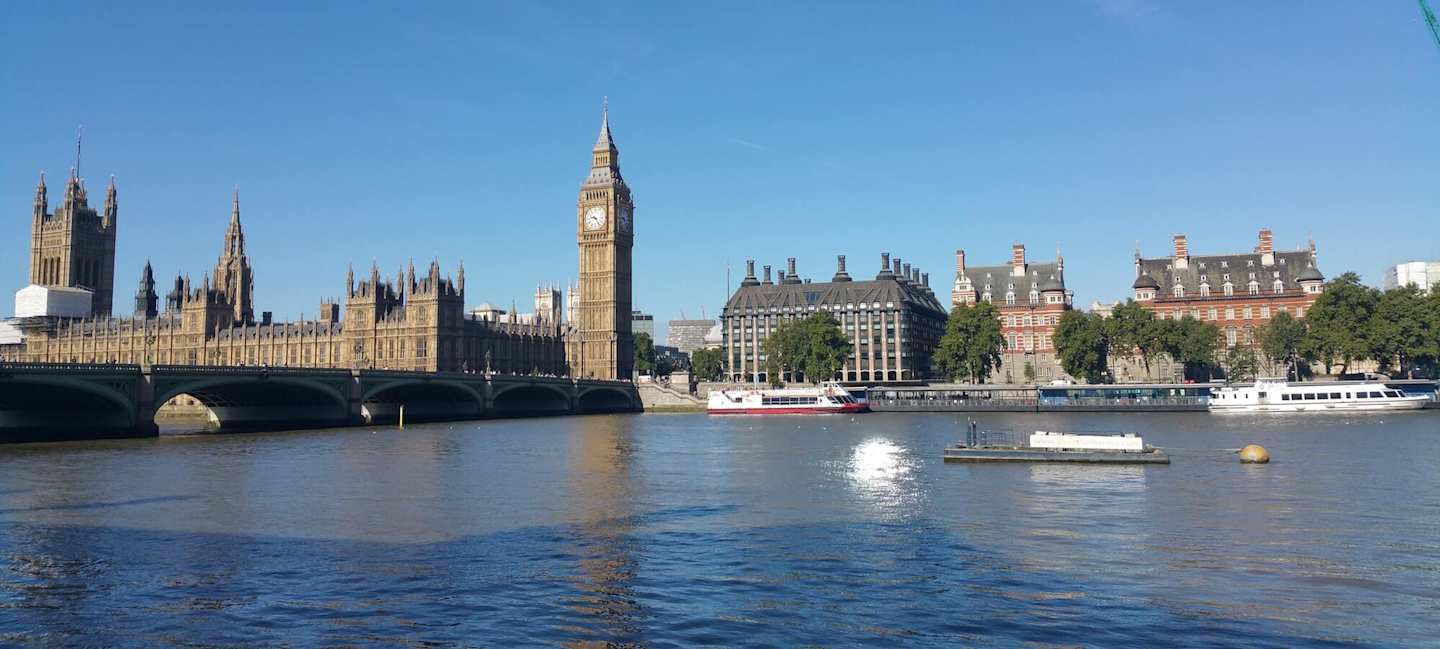 A view of Westminster and Big Ben from across the River Thames, London