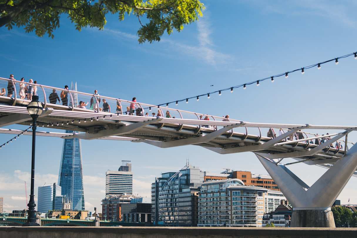 People walking across Millennium Bridge, London