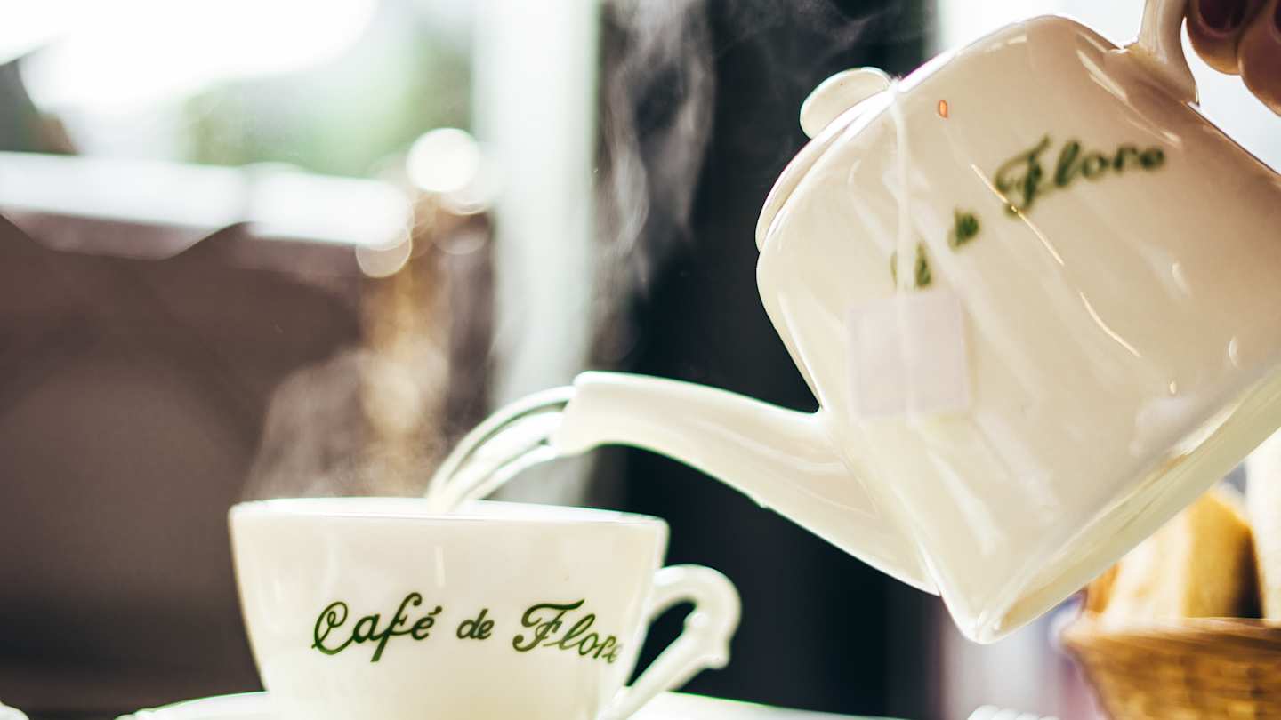 Cup and pot of tea at Café de Flore, Paris