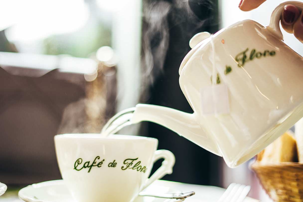 Cup and pot of tea at Café de Flore, Paris