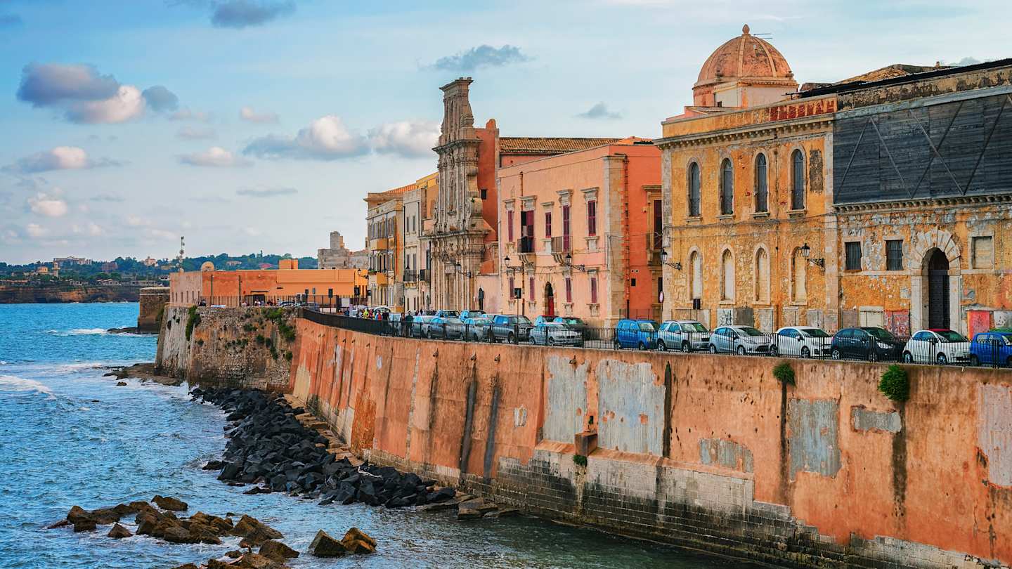Embankment at the old city in Siracusa and the Mediterranean sea, Sicily