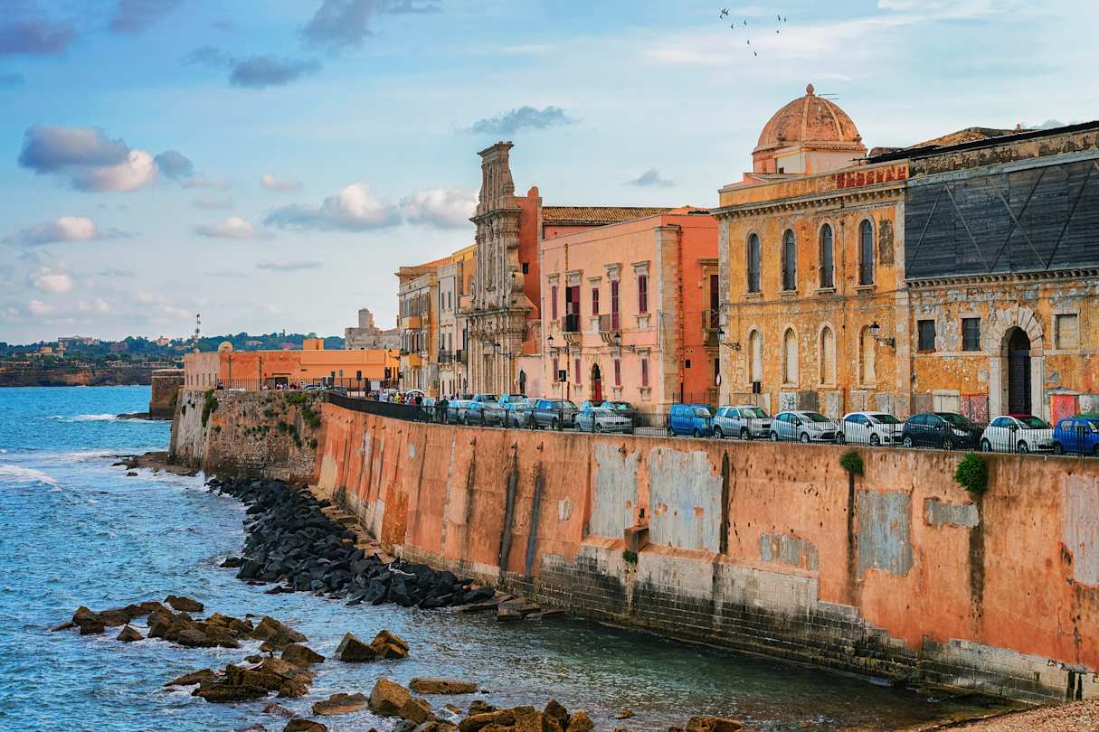 Embankment at the old city in Siracusa and the Mediterranean sea, Sicily