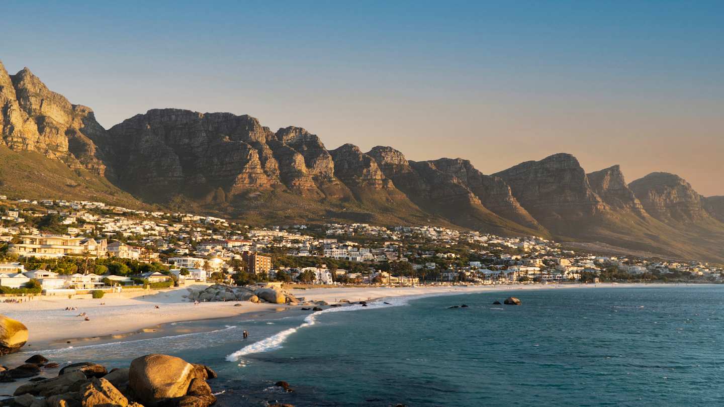 Panoramic view of Camps Bay Beach, Atlantic Ocean and Table Mountain, Cape Town
