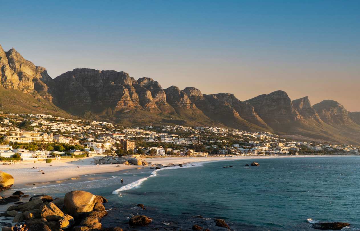 Panoramic view of Camps Bay Beach, Atlantic Ocean and Table Mountain, Cape Town