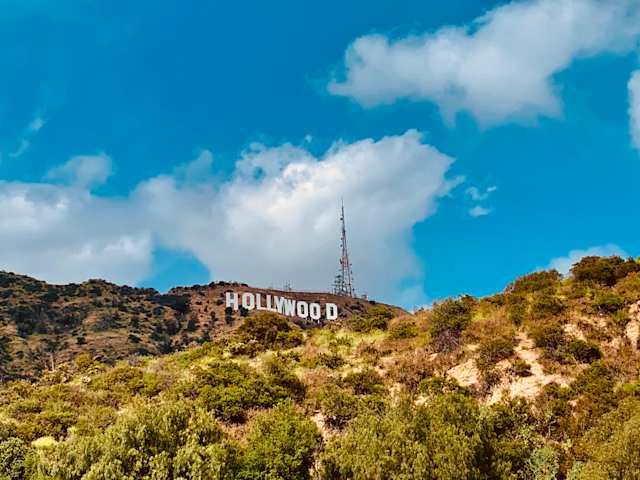 A view of the Hollywood Sign from Lake Hollywood Park, Los Angeles, USA
