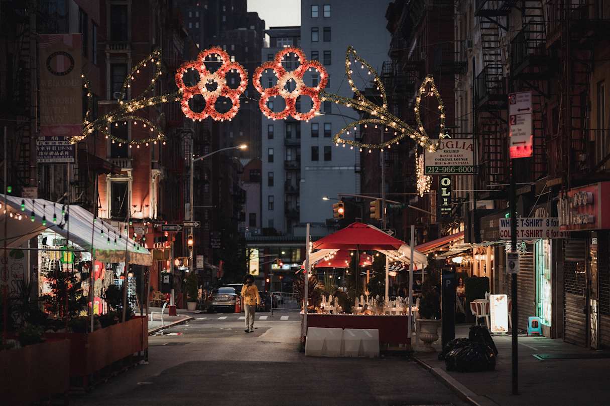 Christmas lights and market stalls in Little Italy, Manhattan, New York