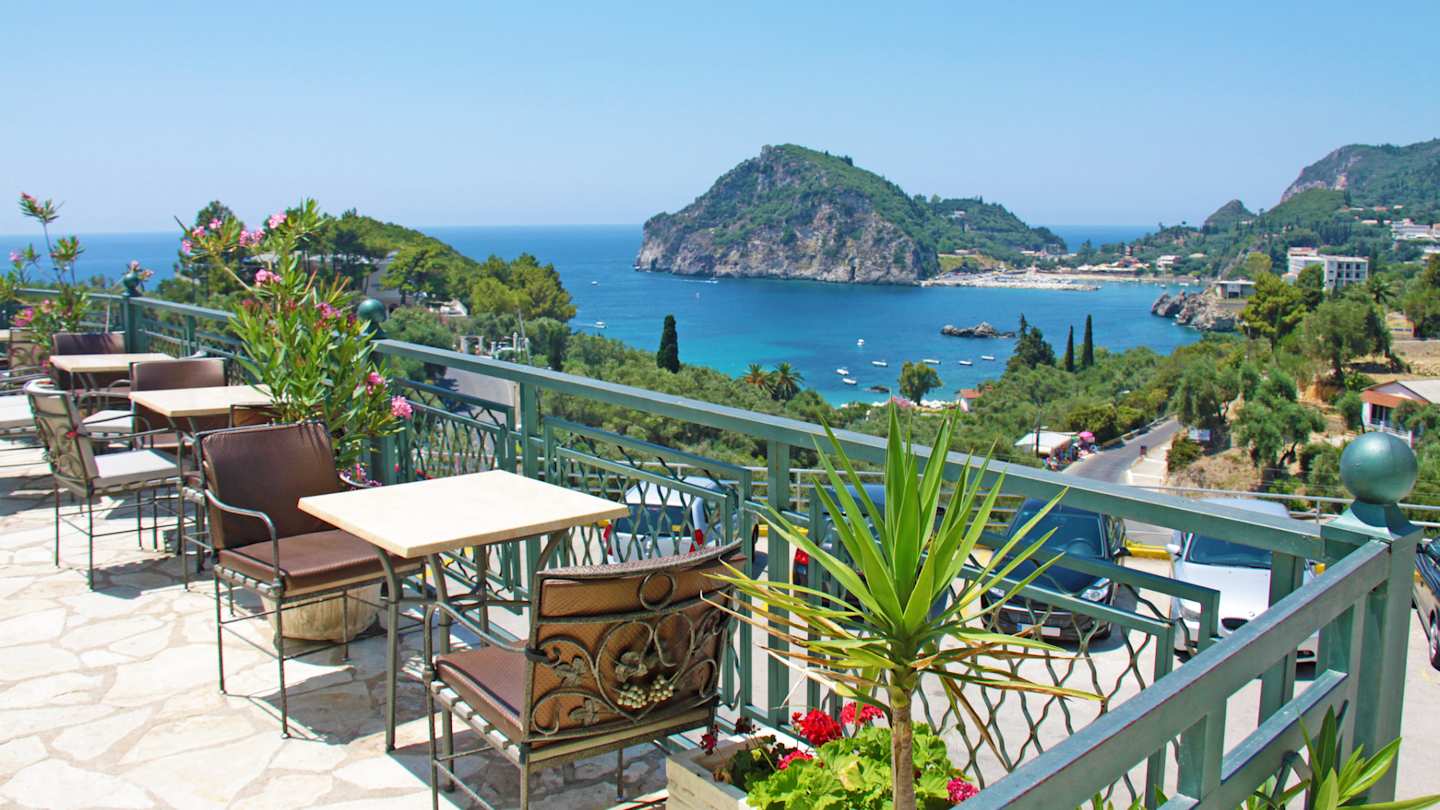 Rooftop terrace overlooking the sea and Paleokastritsa, Corfu, Greece