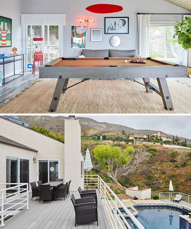 The pool table inside and swimming pool outside of Plum Guide home, Olympic Games