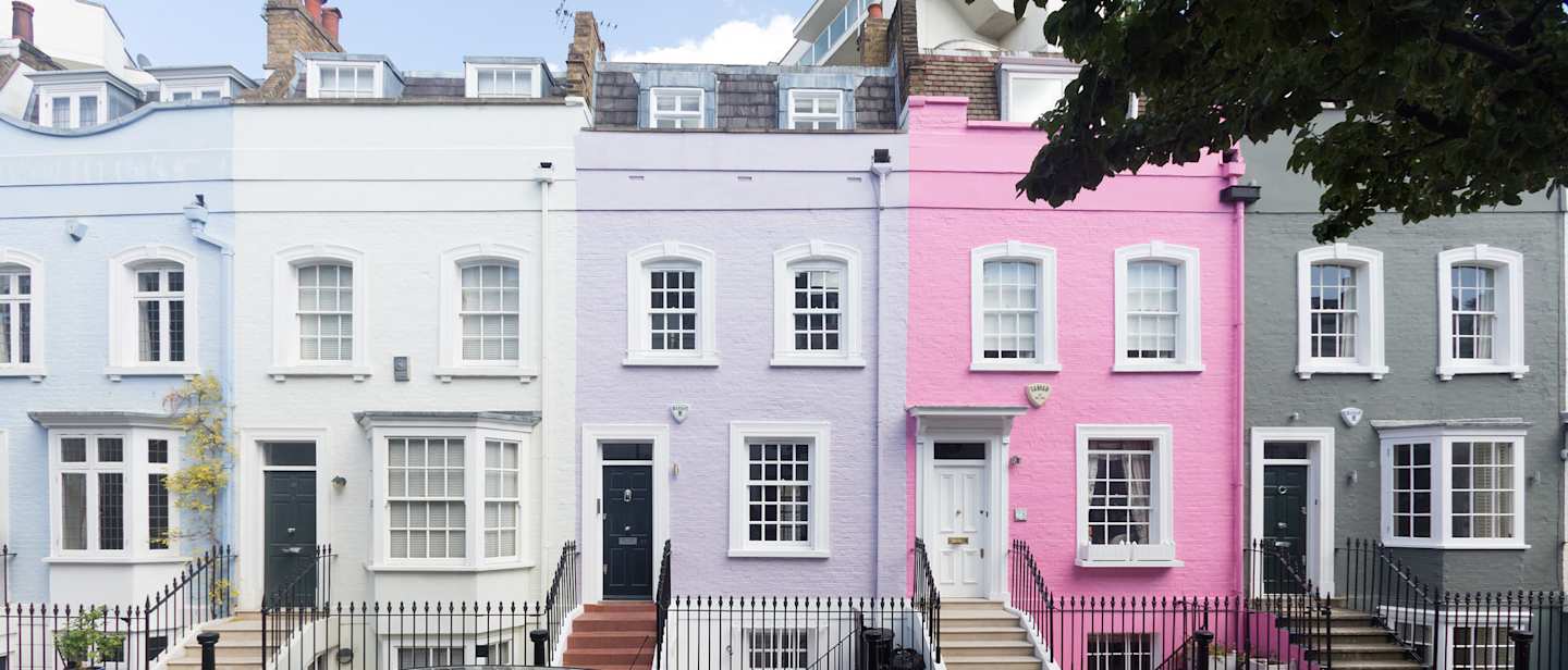 Colourful row of houses in Notting Hill, London