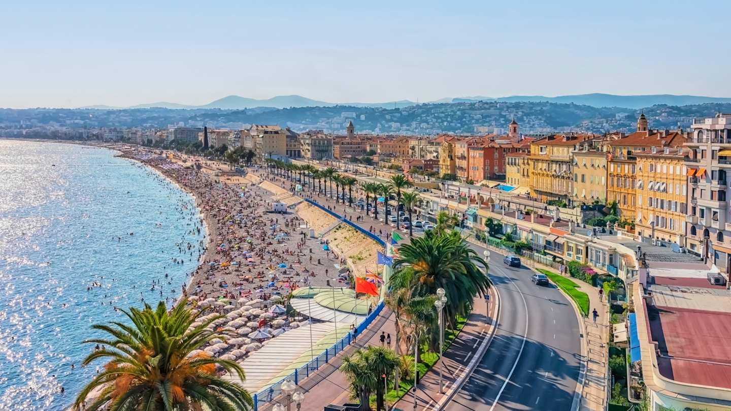 Ariel view of Nice's beach, promenade, and charming buildings, Nice, France