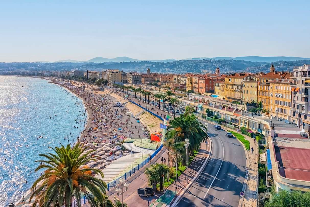 Ariel view of Nice's beach, promenade, and charming buildings, Nice, France