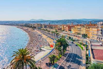 Ariel view of Nice's beach, promenade, and charming buildings, Nice, France