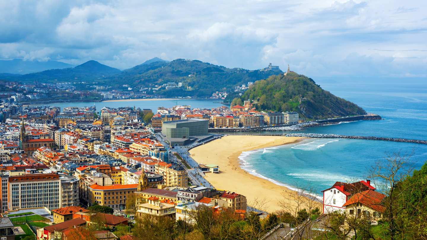 Ariel view of La Concha Bay and Zurriola Beach in San Sebastián, Spain