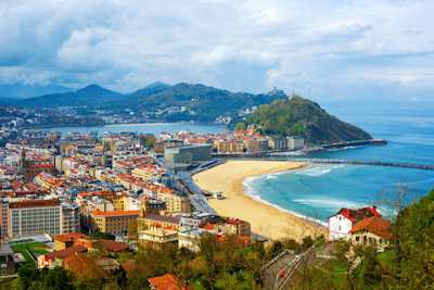 Ariel view of La Concha Bay and Zurriola Beach in San Sebastián, Spain