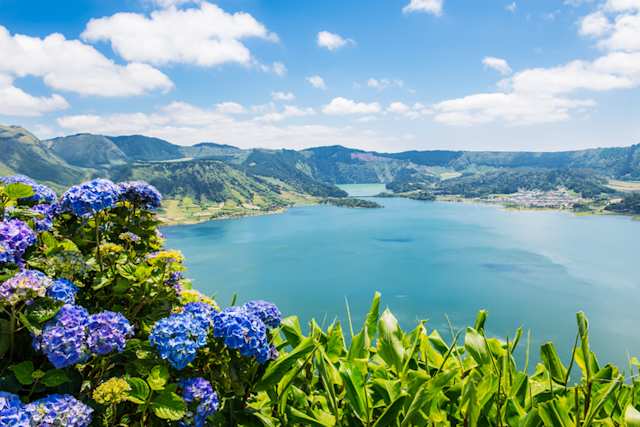 An aerial view of Lake of Sete Cidades with hortensias, Azores, Portugal