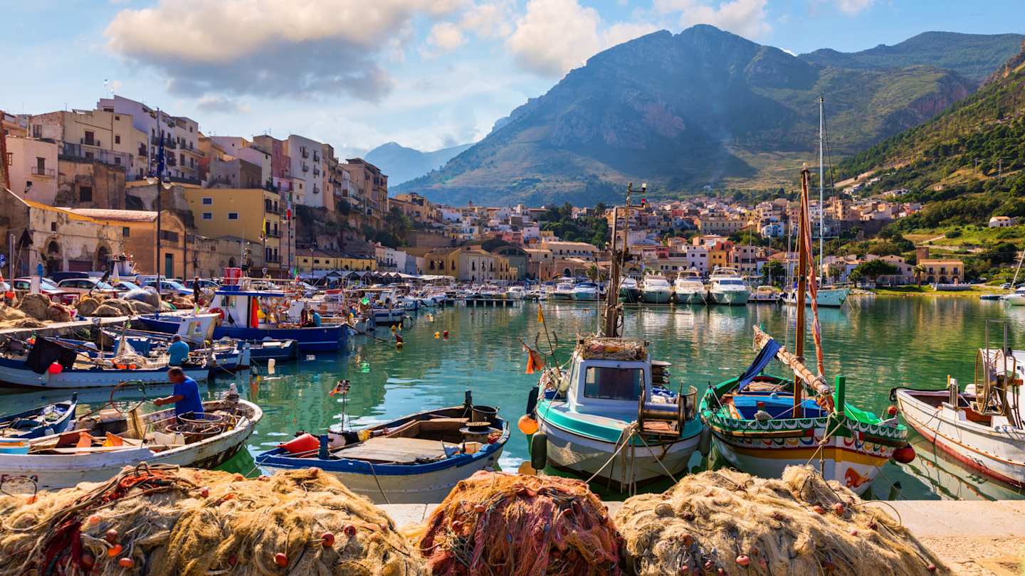 Sicilian port with fishing boats of Castellammare del Golfo, Sicily, Italy