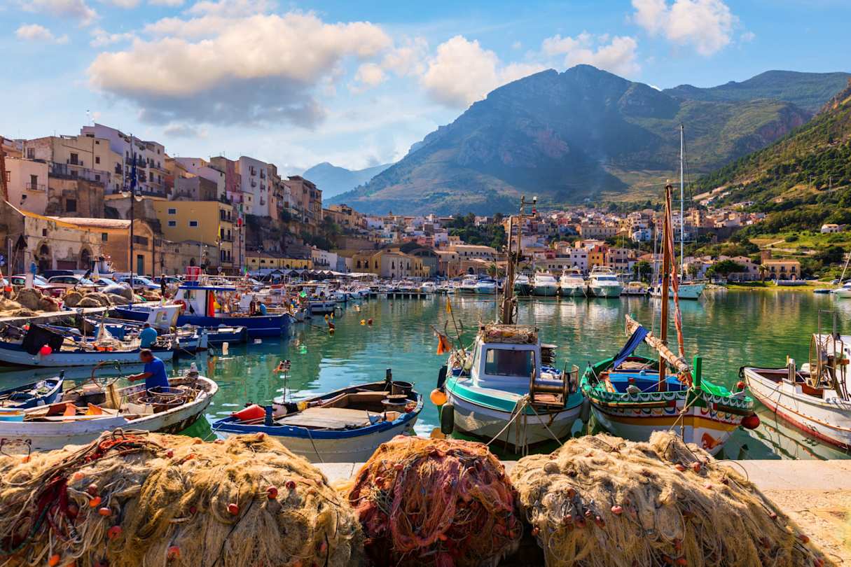 Sicilian port with fishing boats of Castellammare del Golfo, Sicily, Italy