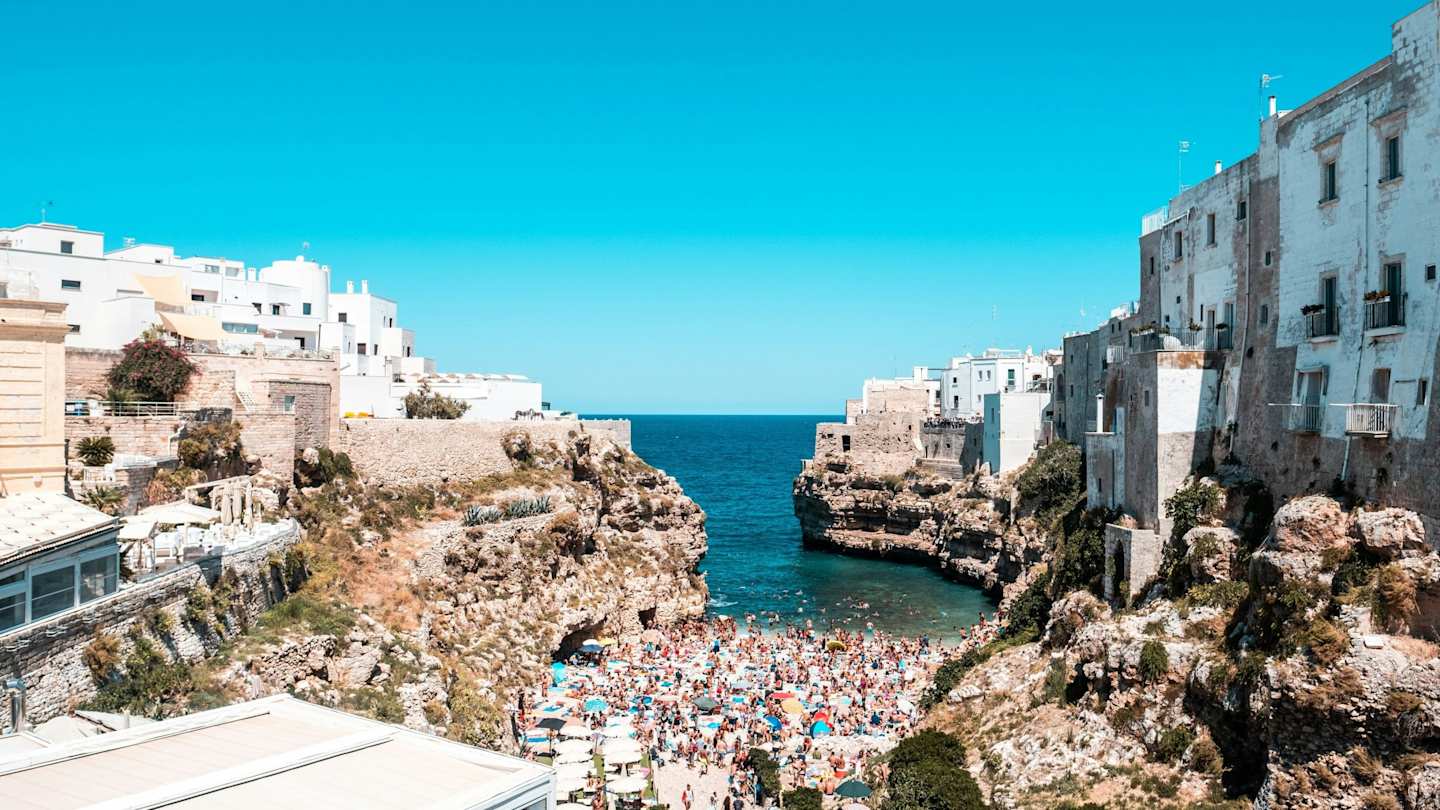 View of cityscape on the coast line of the Mediterranean Sea, Puglia