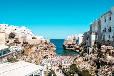 View of cityscape on the coast line of the Mediterranean Sea, Puglia
