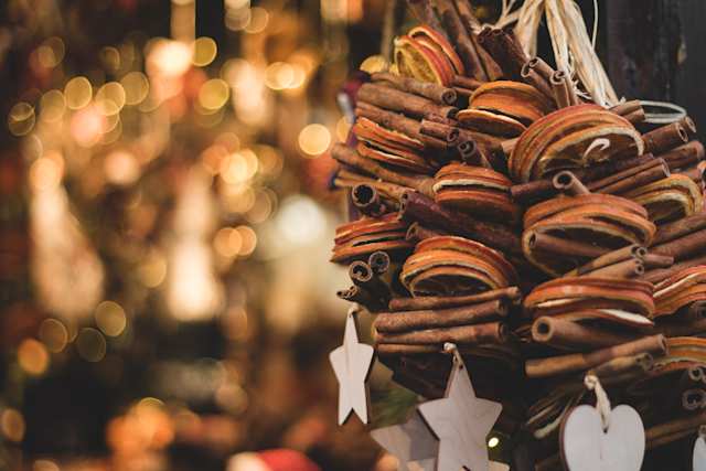 Hand-made decorations hanging at a stall at the Dundee Ethical Christmas Fair, Scotland, UK