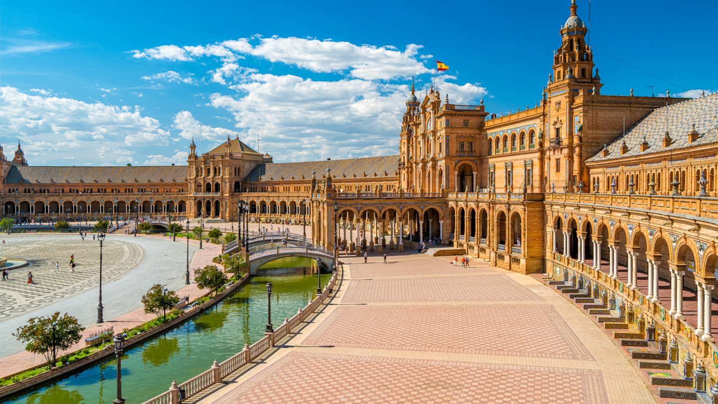 Landscape of Plaza de Espana on a sunny summer day, Seville