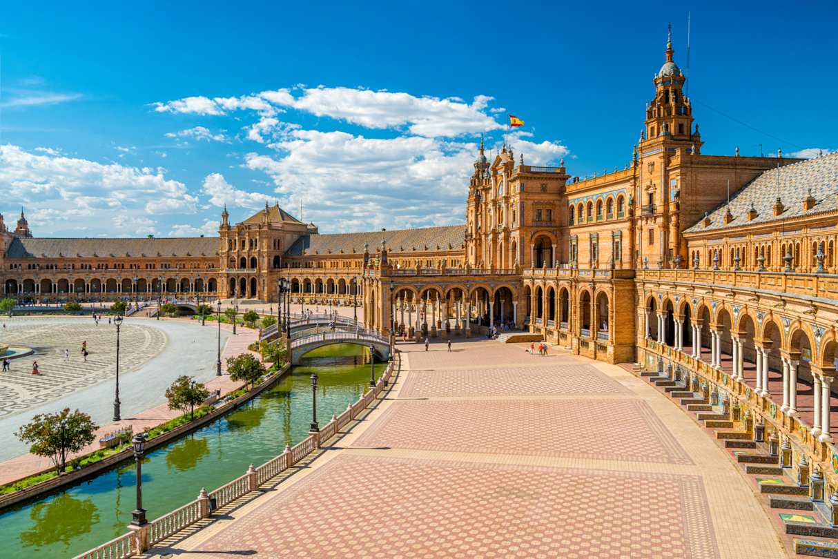 Landscape of Plaza de Espana on a sunny summer day, Seville