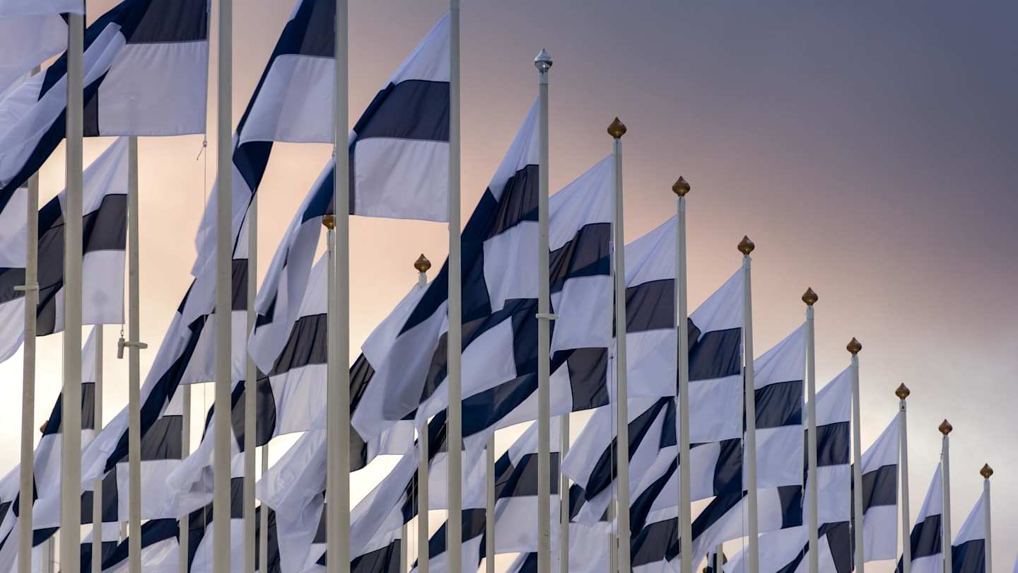 Collection of Finland flags on flagpoles waving in the wind to celebrate Independence Day