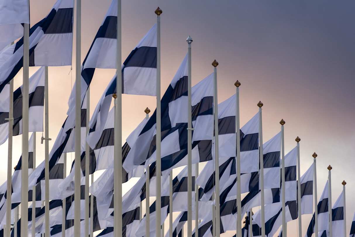 Collection of Finland flags on flagpoles waving in the wind to celebrate Independence Day