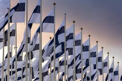 Collection of Finland flags on flagpoles waving in the wind to celebrate Independence Day