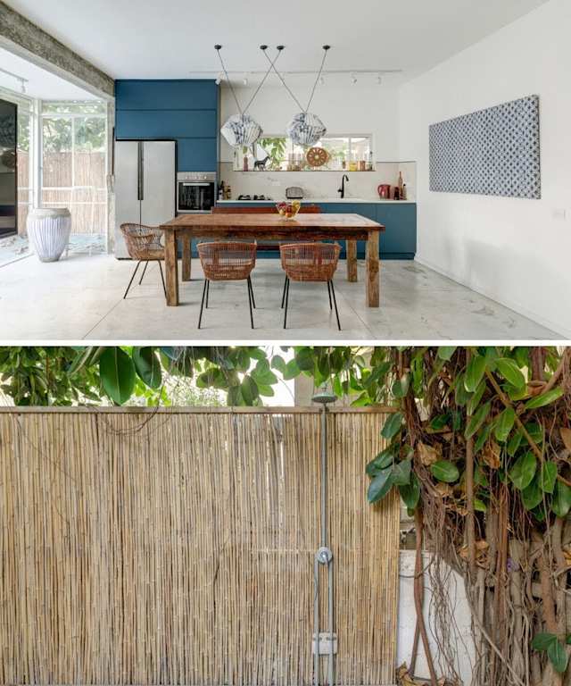 Kitchen and dining area and outdoor shower of Plum Guide home, Paragon