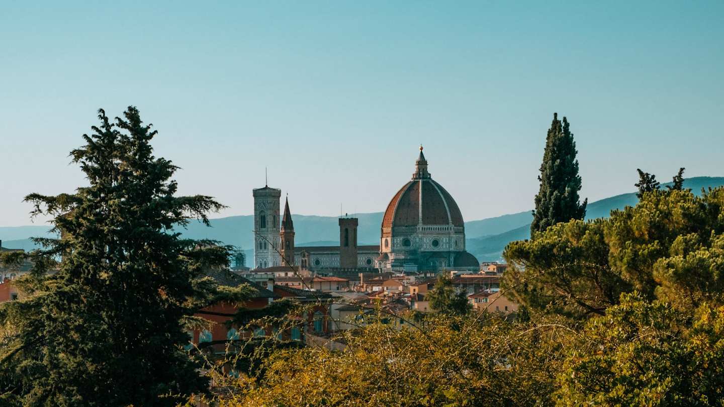 View of the Duomo from high up behind some trees, Florence, Italy