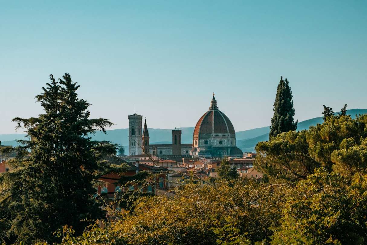 View of the Duomo from high up behind some trees, Florence, Italy