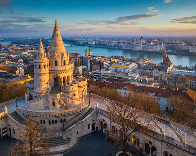 An aerial view of the main tower of the famous Fisherman's Bastion, Budapest, Hungary