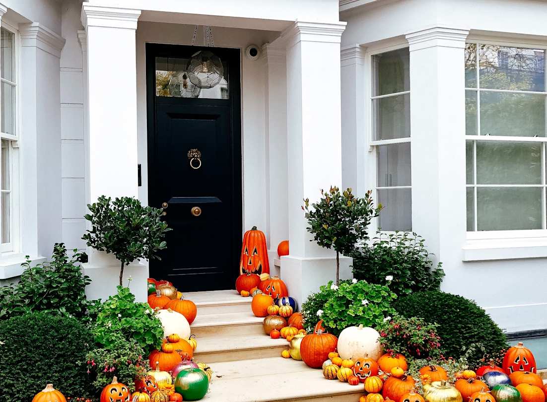 London doorstep with pumpkin display 