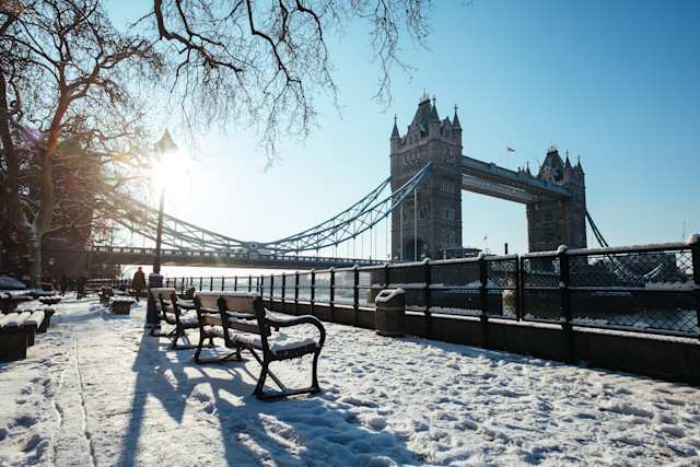 Snow around Tower Bridge, London
