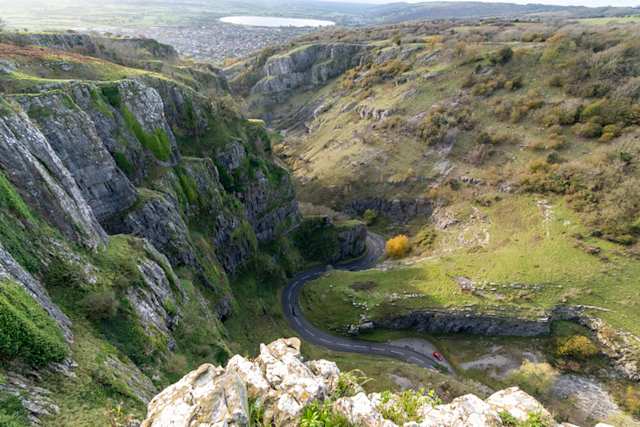 View of winding road from the top of Cheddar Gorge, Somerset, England