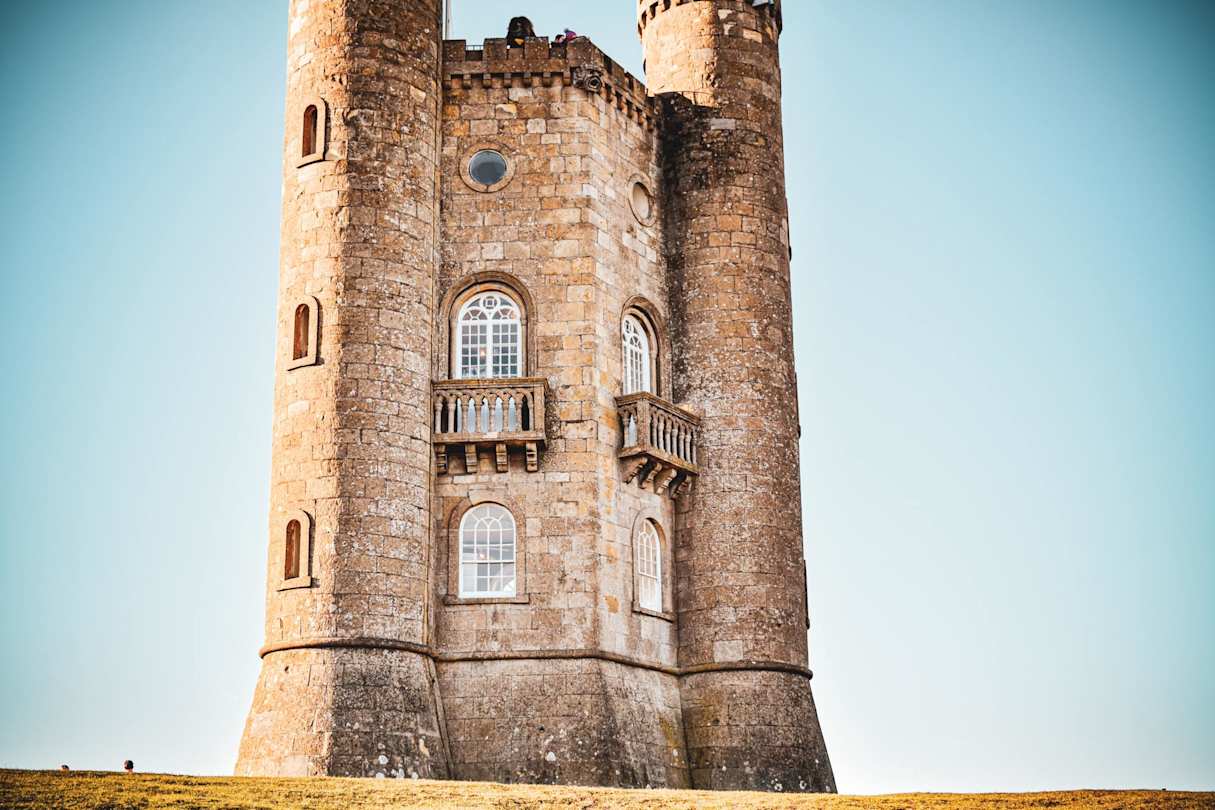 A view of Broadway Tower against a blue sky, Worcestershire, England, UK