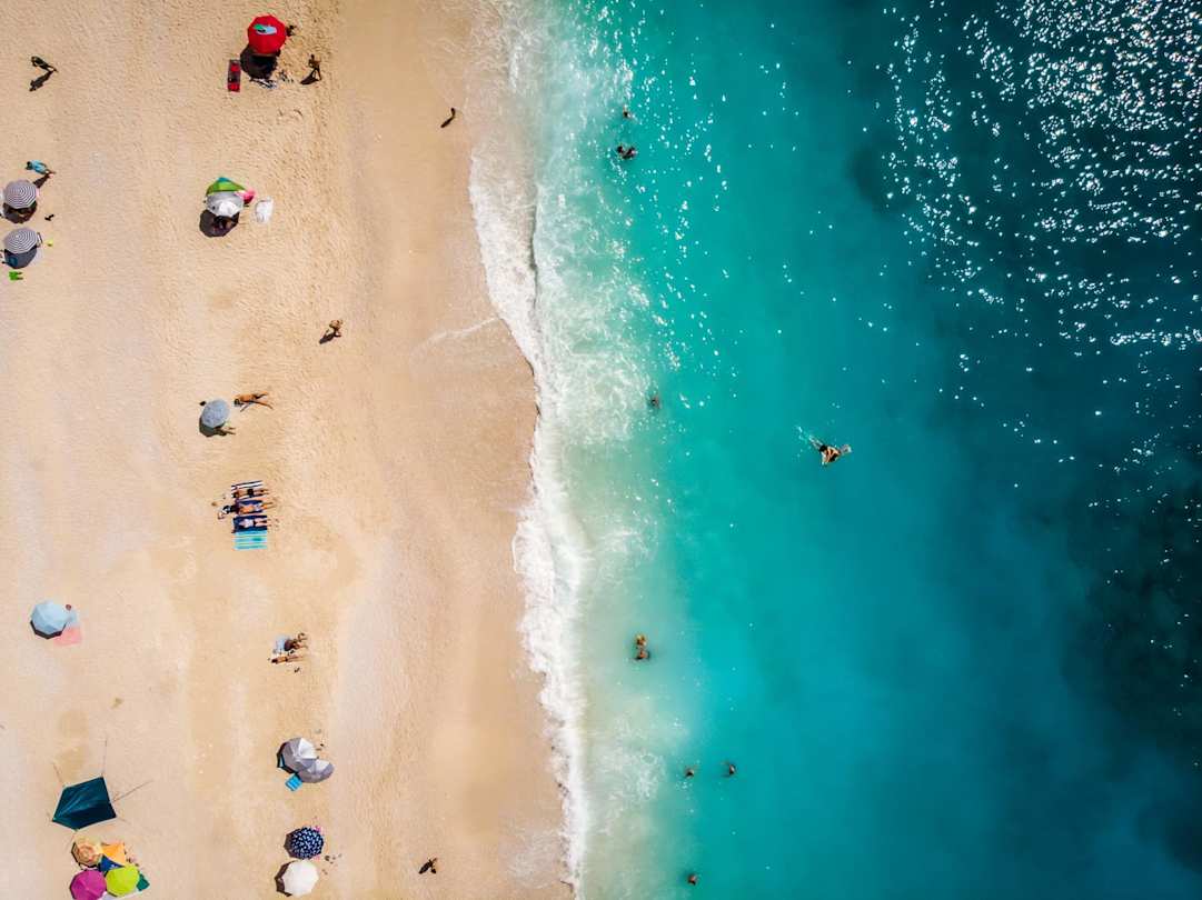 A bird's eye view of people swimming in the sea next to golden sand at a beach in Lefkada, Greece