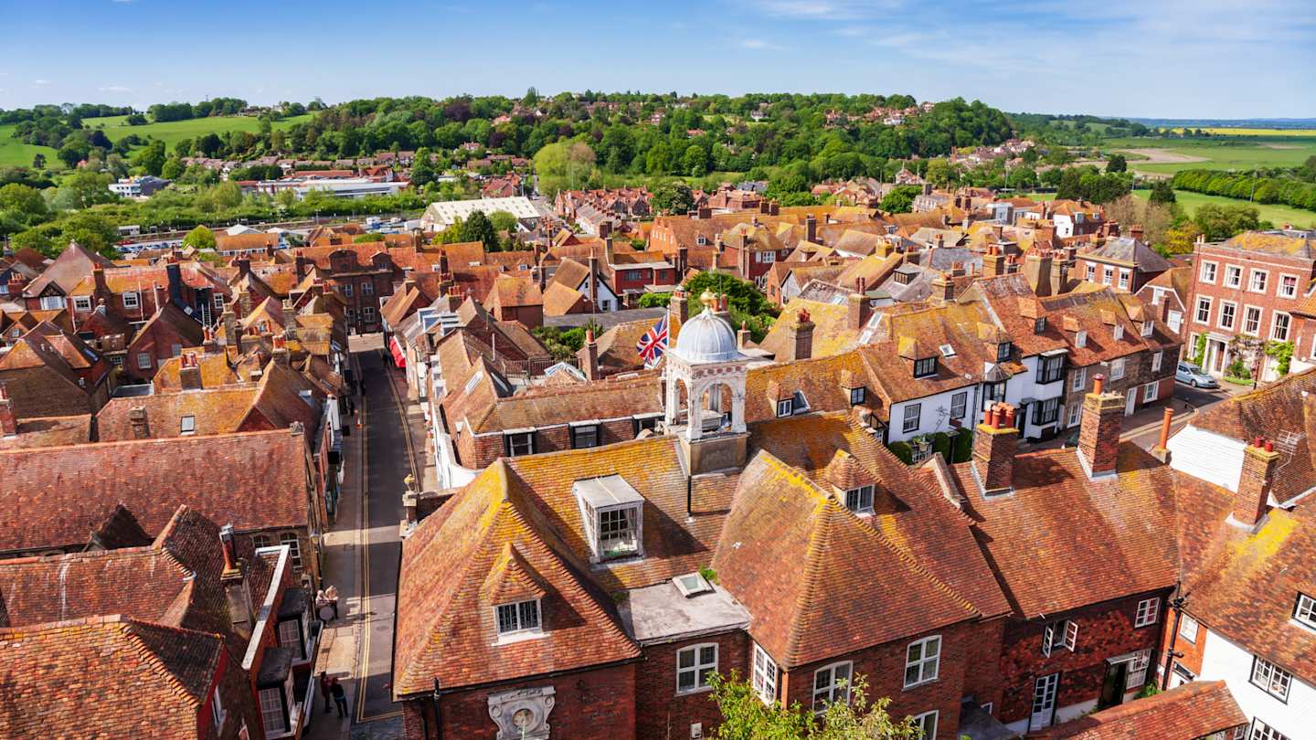 Aerial view of Rye as seen from the Saint Mary parish church bell tower, East Sussex