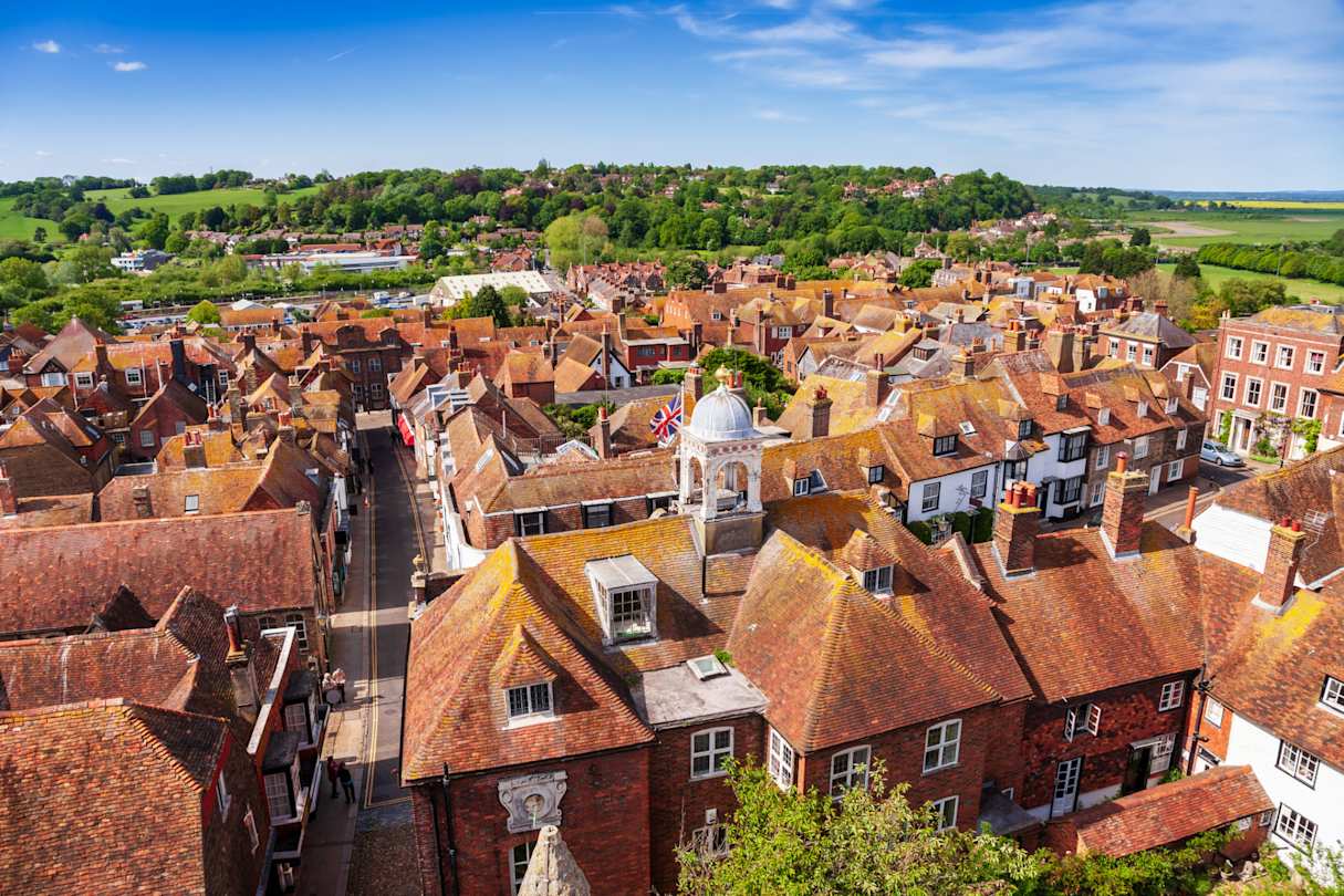 Aerial view of Rye as seen from the Saint Mary parish church bell tower, East Sussex
