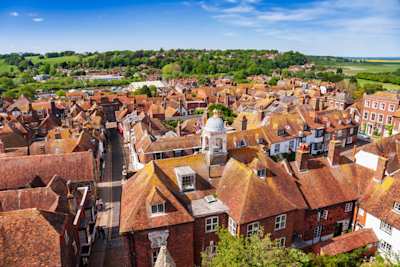 Aerial view of Rye as seen from the Saint Mary parish church bell tower, East Sussex